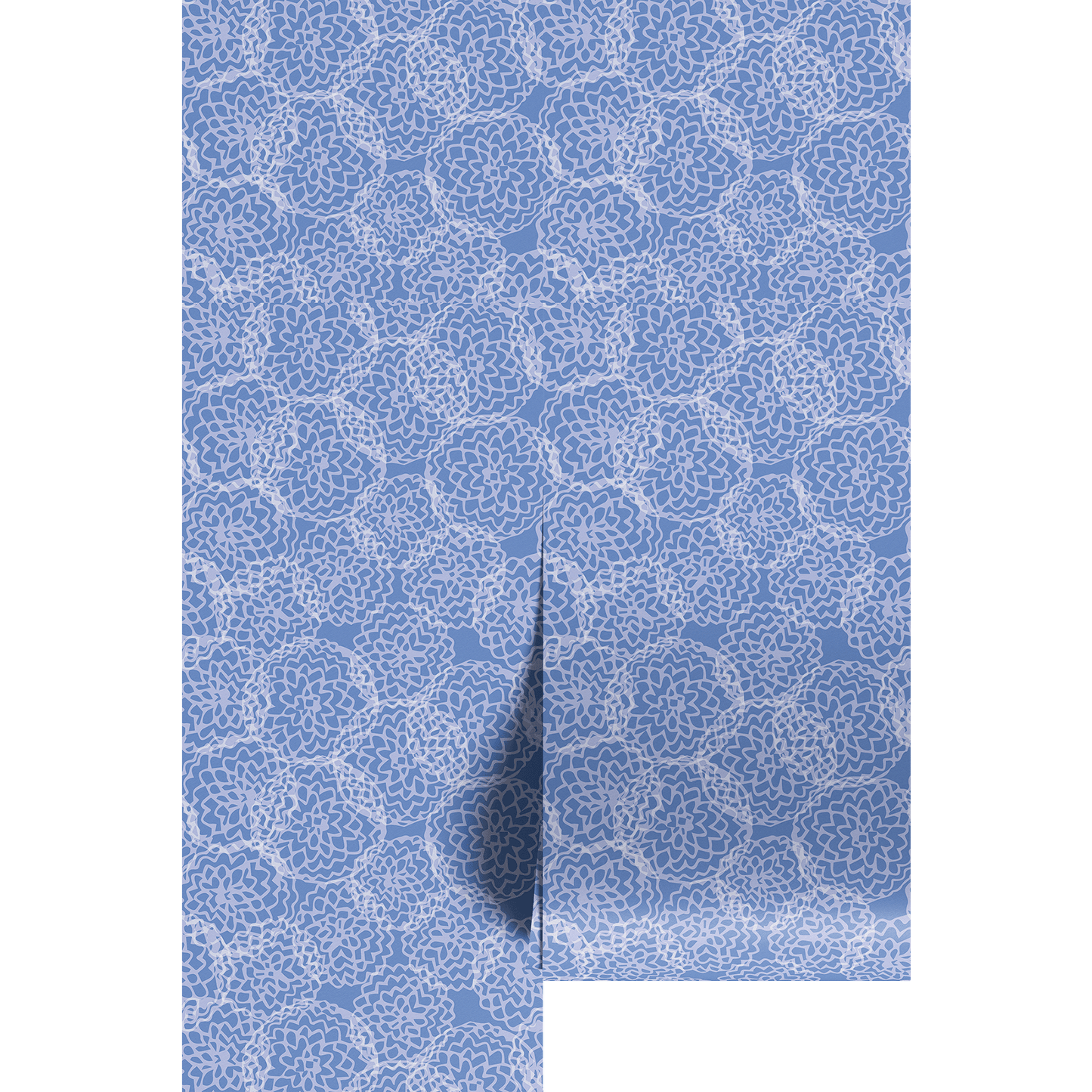 Blue and white dahlia patterned wallpaper on wallpaper panels.