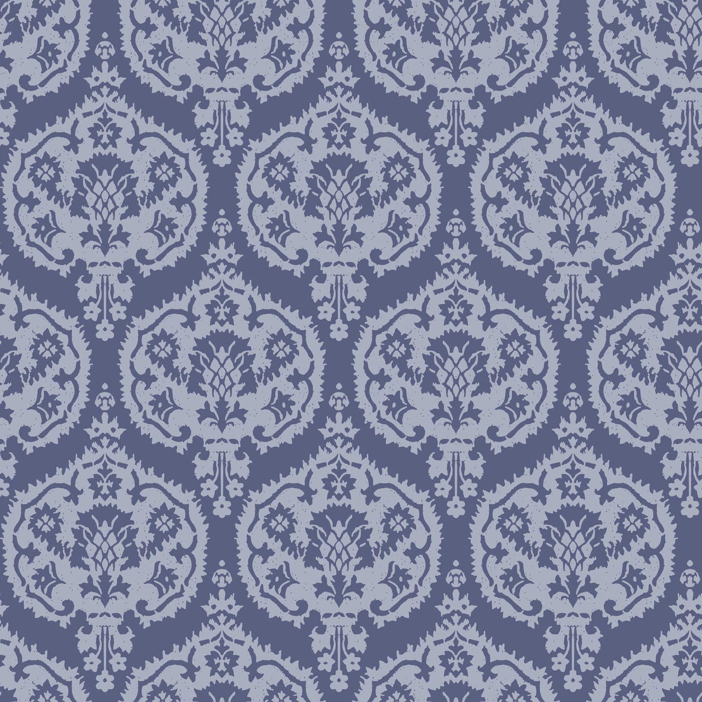 Two tone blue damask pattern with ornate floral medallions and intricate scrolling details, offering a refined, timeless aesthetic.