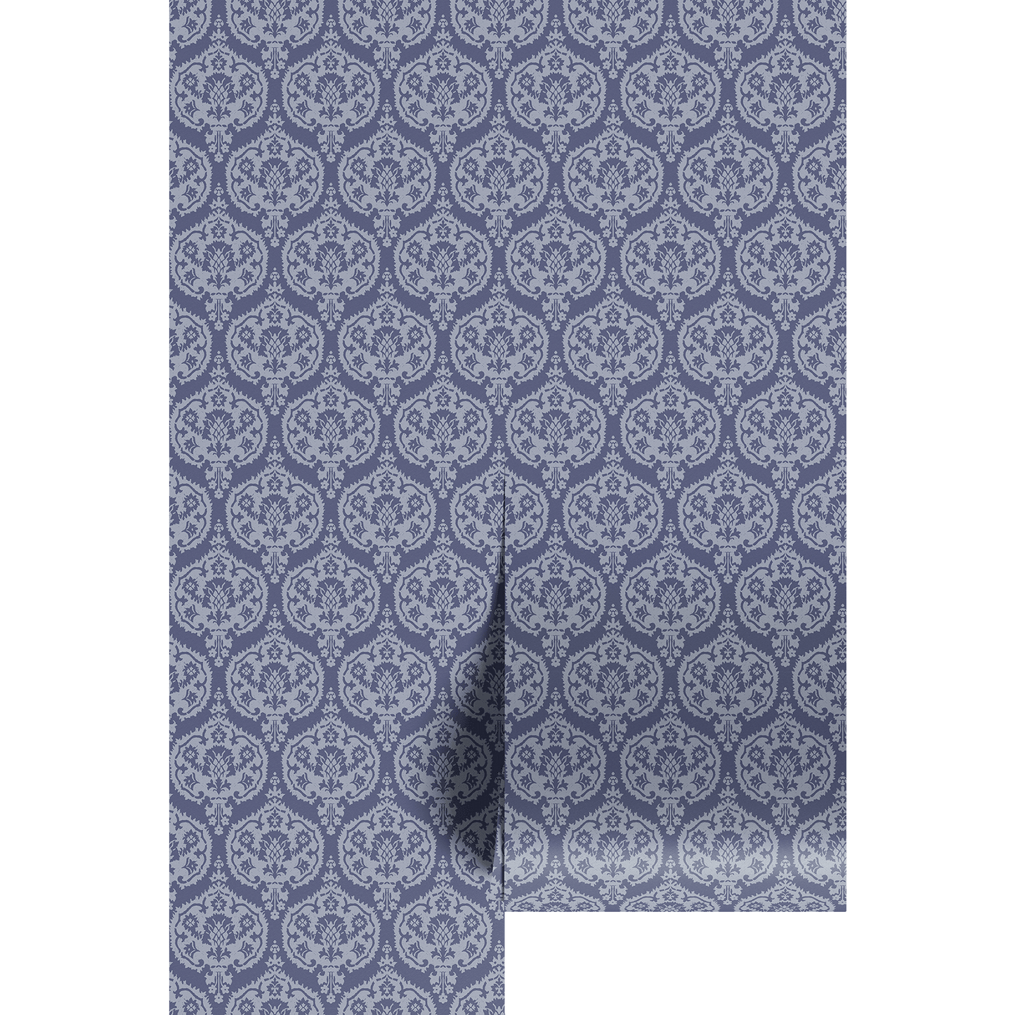 Blue damask wallpaper featuring ornate medallion patterns and intricate decorative details in soft blue tones, creating a timeless and sophisticated look.