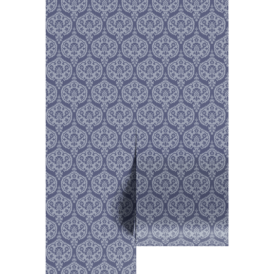 Blue damask wallpaper featuring ornate medallion patterns and intricate decorative details in soft blue tones, creating a timeless and sophisticated look.