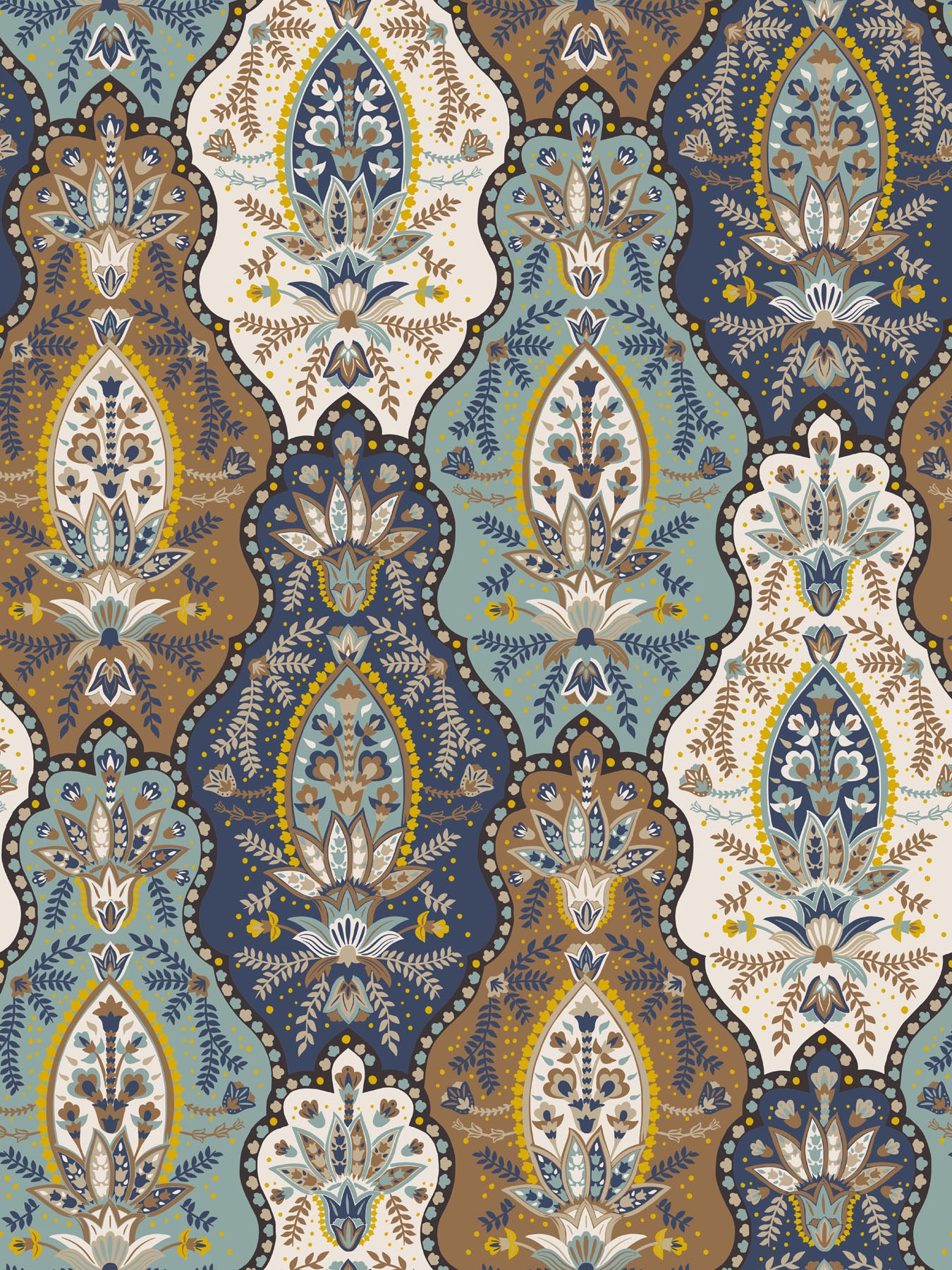Decorative boho pattern with intricate design in blue, brown, and beige tones.