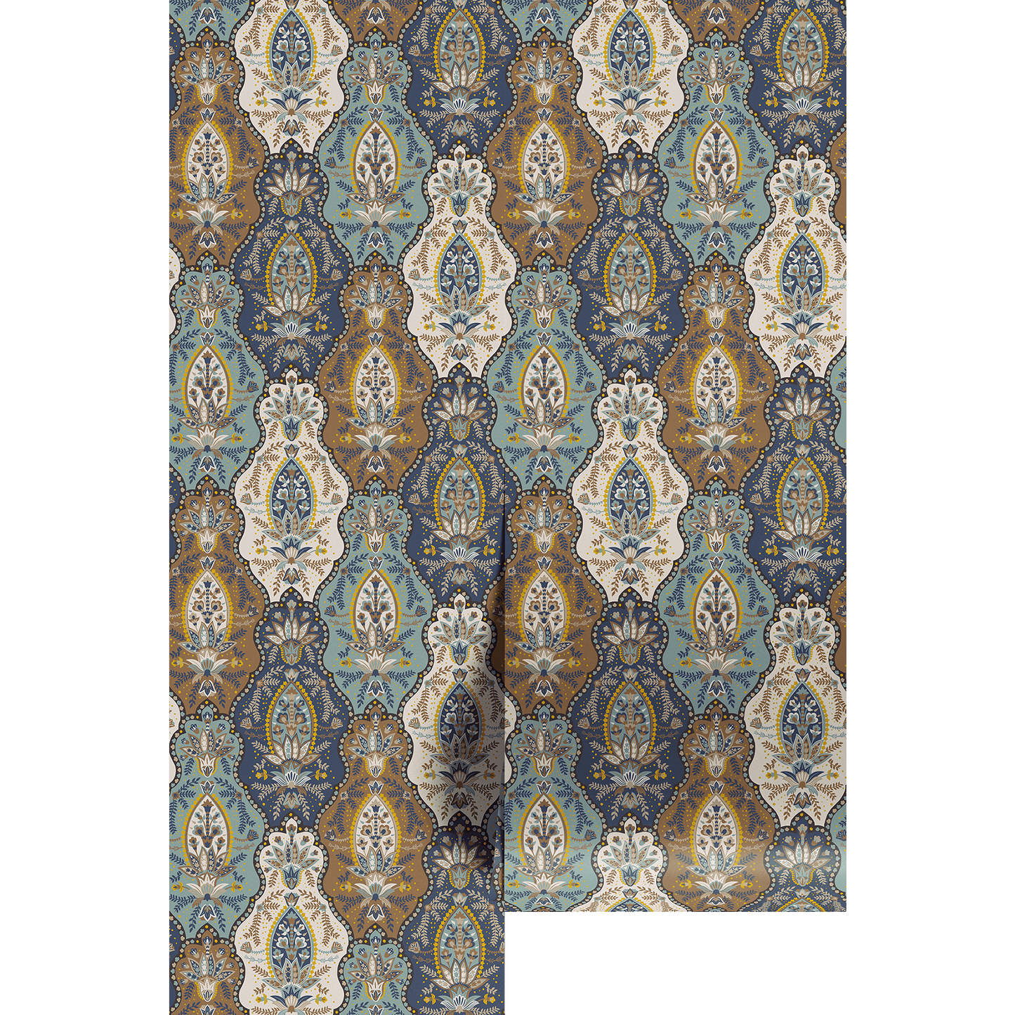 Bohemian floral medallion pattern on wallpaper panels.