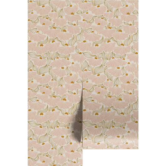 Pink, boho, floral wallpaper pattern on two wallpaper panels.