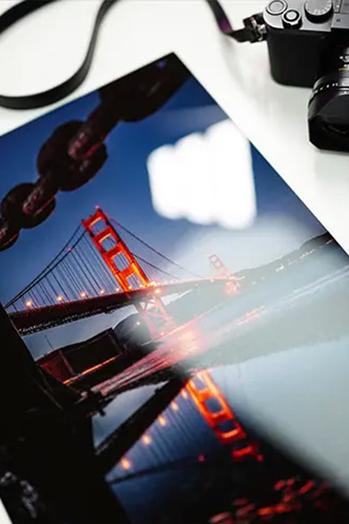 Close up of metal print of bridge showing reflection loading=