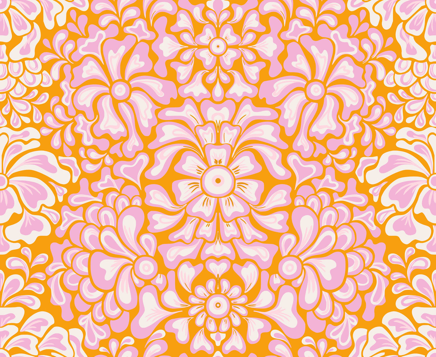 Pattern of light pink, orange, and white floral shapes. 