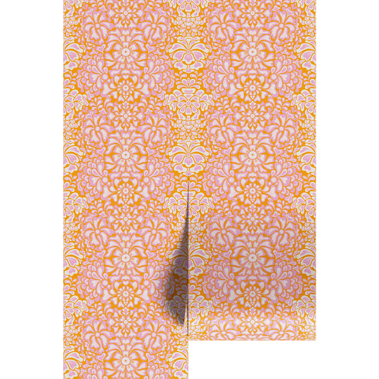 Decorative paper with a vibrant floral pattern on wallpaper panels.