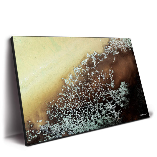 Abstract artwork featuring an organic branching pattern in white against a deep brown and beige gradient background.