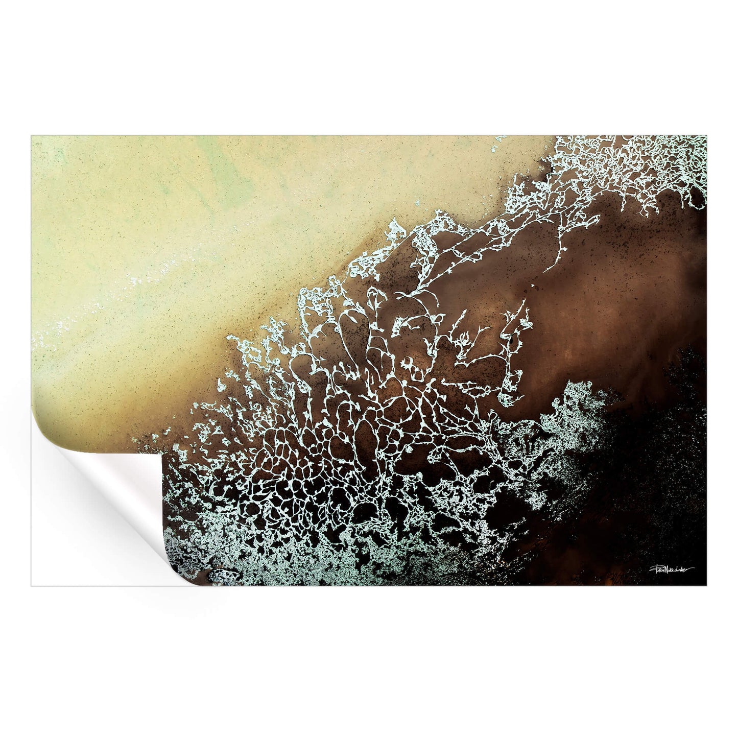 Abstract fluid art in earthy brown, beige, and metallic white, featuring intricate organic patterns resembling cracked earth or coral formations.