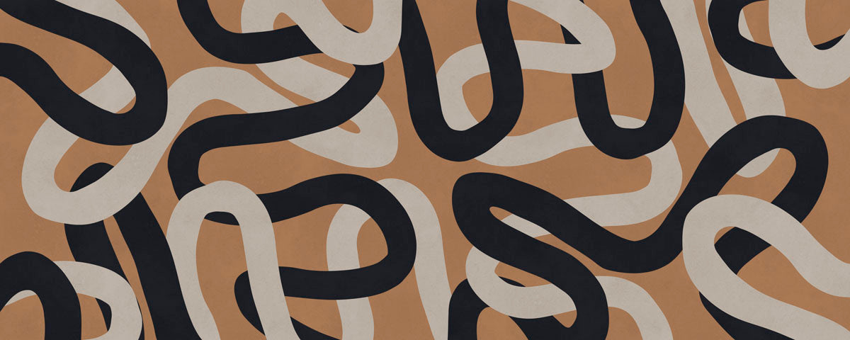 Pattern of black and white curved lines on a brown background.