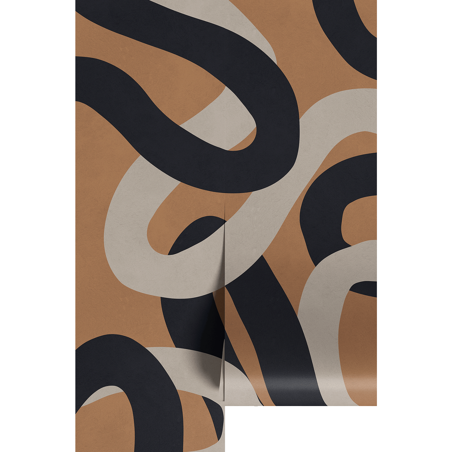 Abstract pattern with black, white, and beige shapes on a brown background printed on wallpaper panels.