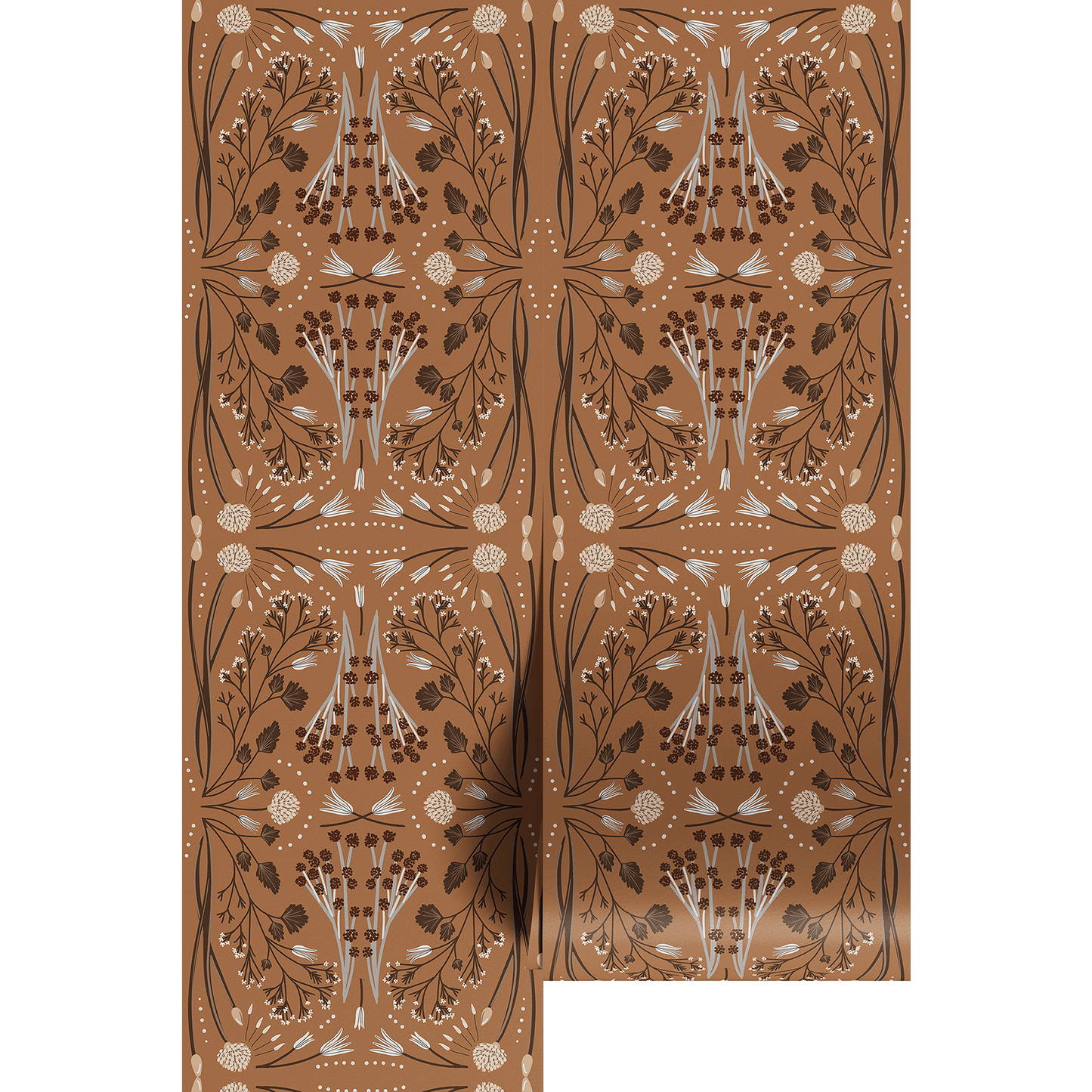 Mirrored wildflower design on a brown background, shown on wallpaper panels.