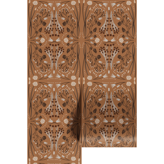 Mirrored wildflower design on a brown background, shown on wallpaper panels.
