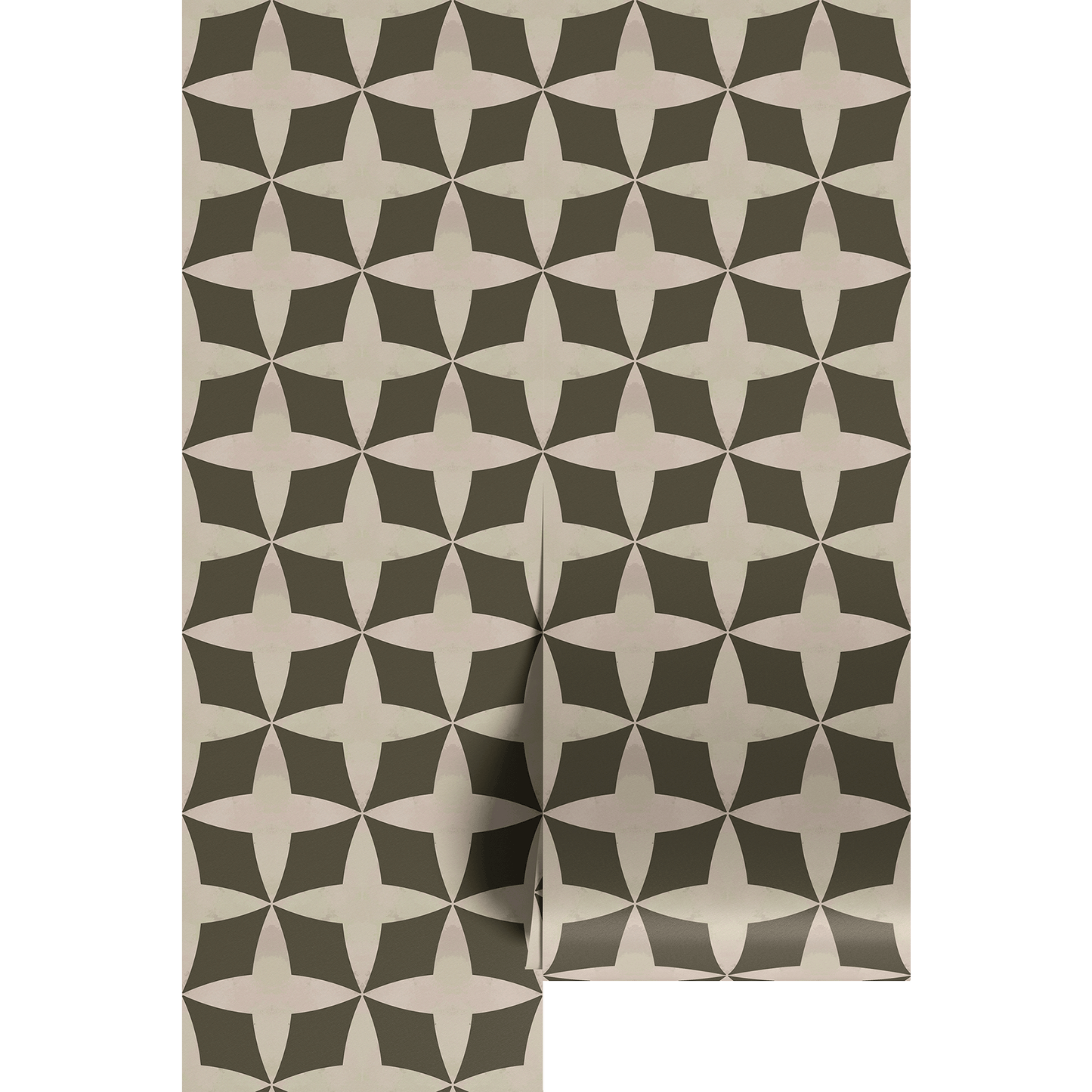 A neutral geometric star pattern on a cream background, shown on wallpaper panels.
