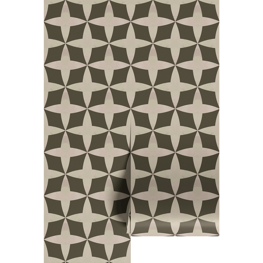 A neutral geometric star pattern on a cream background, shown on wallpaper panels.
