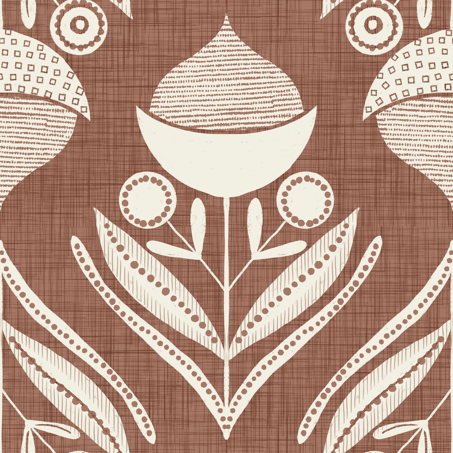 Decorative pattern with cream acorn design on a brown textured background.