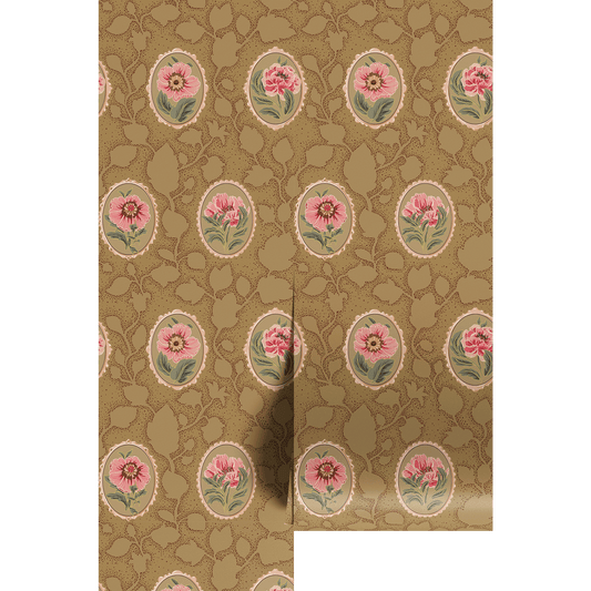 Decorative fabric with a floral cameo pattern on a brown background.