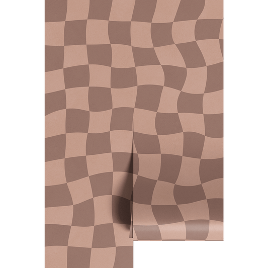 Brown and beige wavy checkered pattern on wallpaper panels.