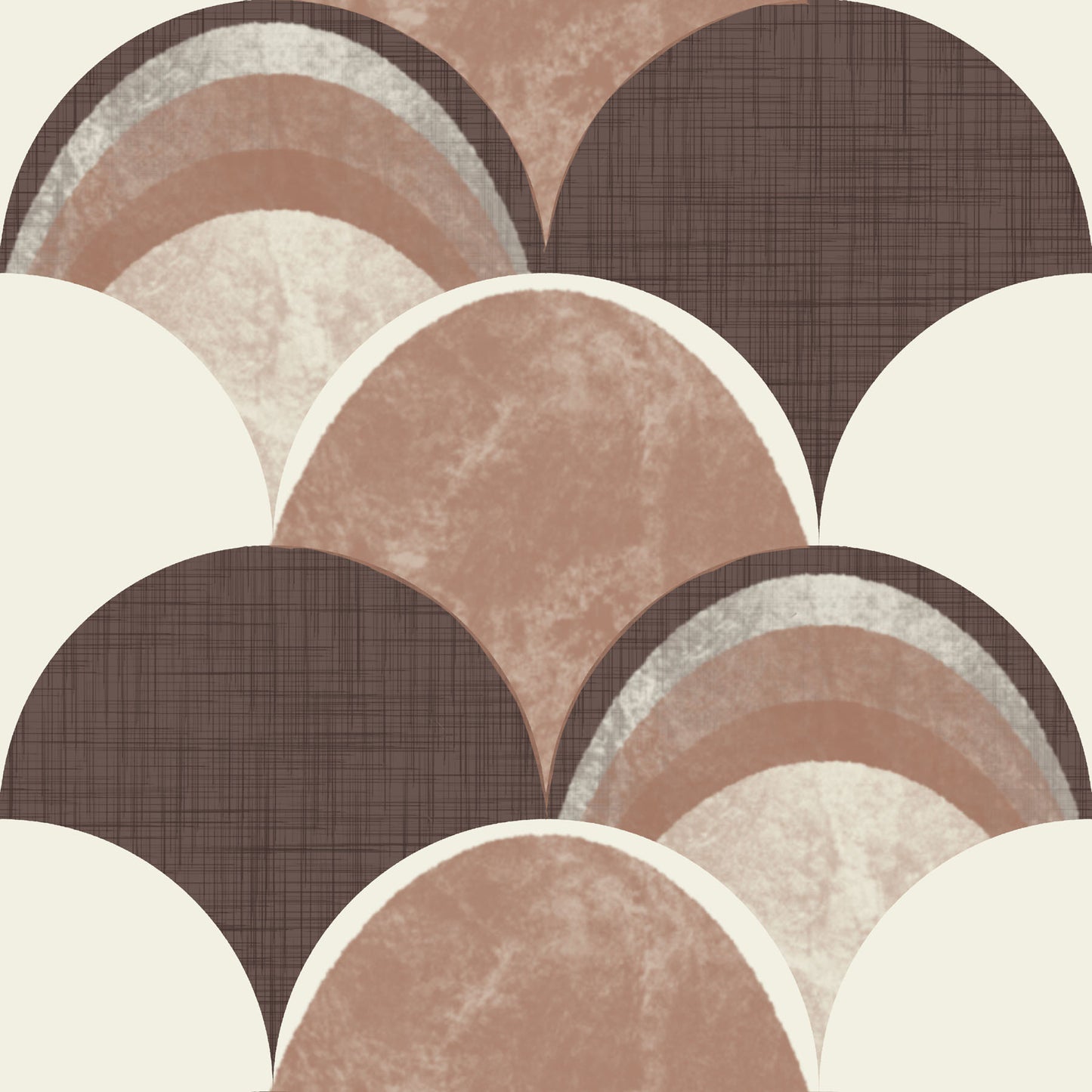 Wallpaper pattern of textured, scalloped shapes in brown, beige, and white on a beige background.