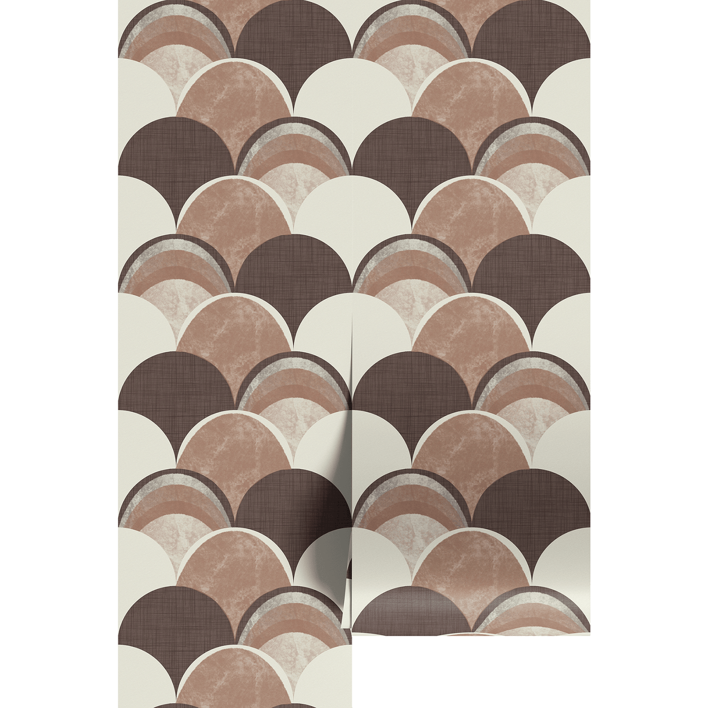 A textured geometric scalloped pattern in brown, beige, and white on wallpaper panels.