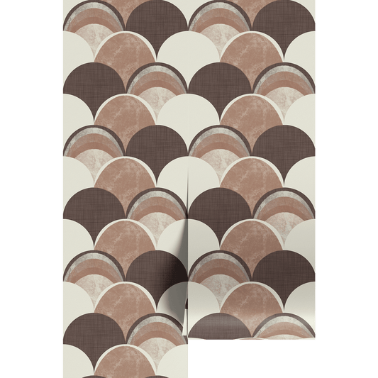 A textured geometric scalloped pattern in brown, beige, and white on wallpaper panels.