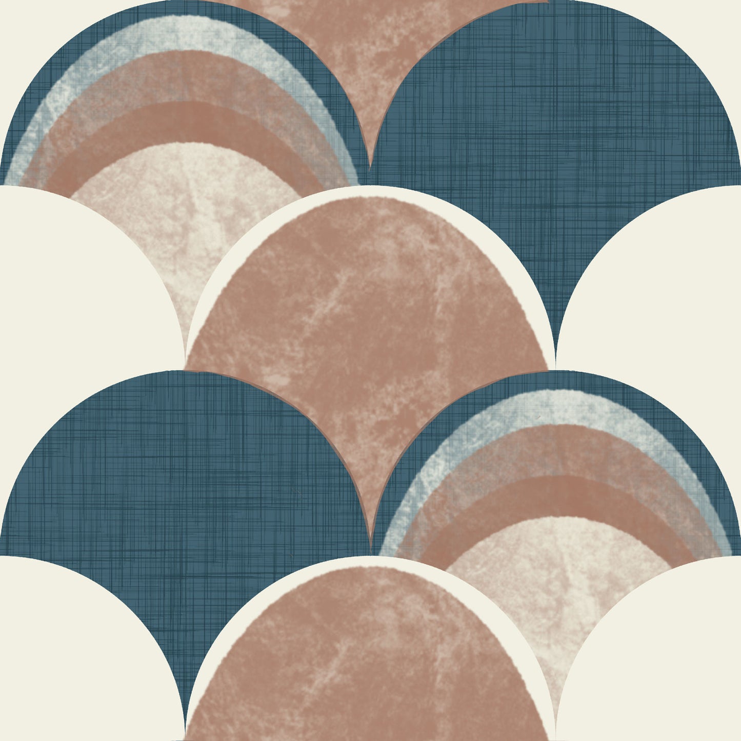 Wallpaper pattern of textured, scalloped shapes in blue, tan, and white on a beige background.