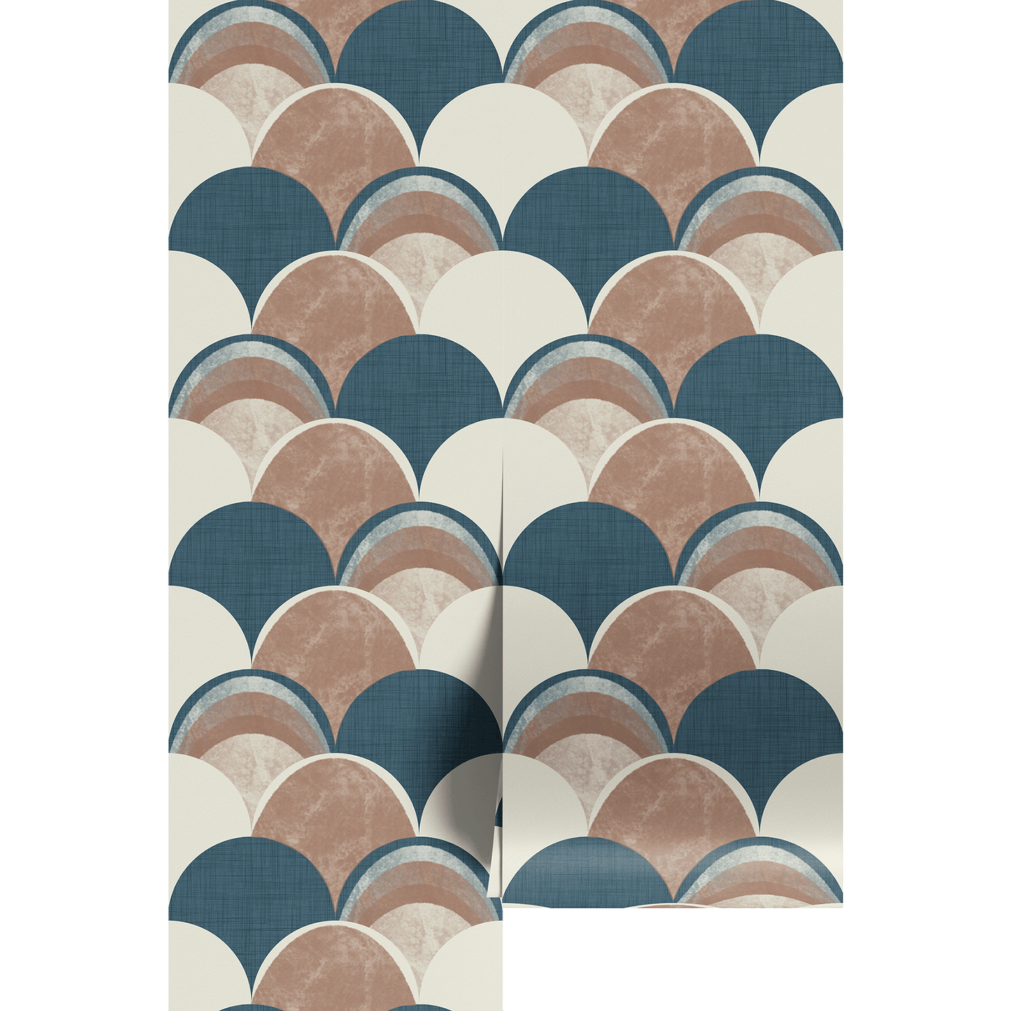 A textured geometric scalloped pattern in blue, tan, beige, and white on wallpaper panels.