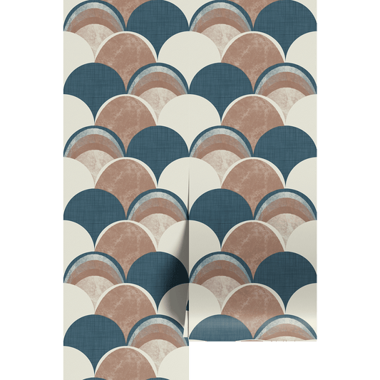 A textured geometric scalloped pattern in blue, tan, beige, and white on wallpaper panels.