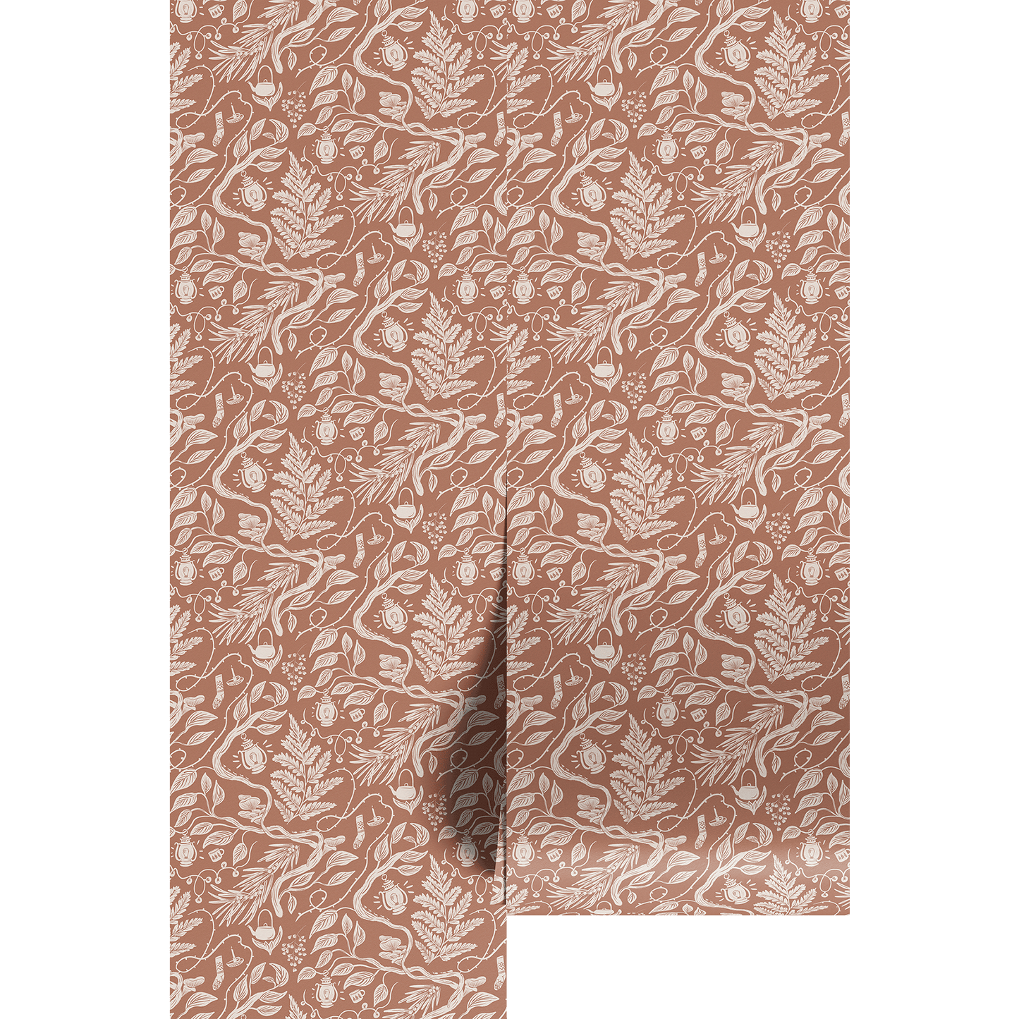 Forest themed line drawings in brown and white on wallpaper panels.