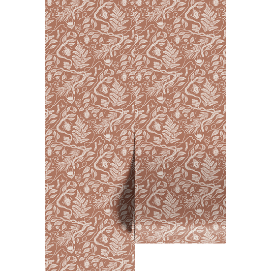 Forest themed line drawings in brown and white on wallpaper panels.