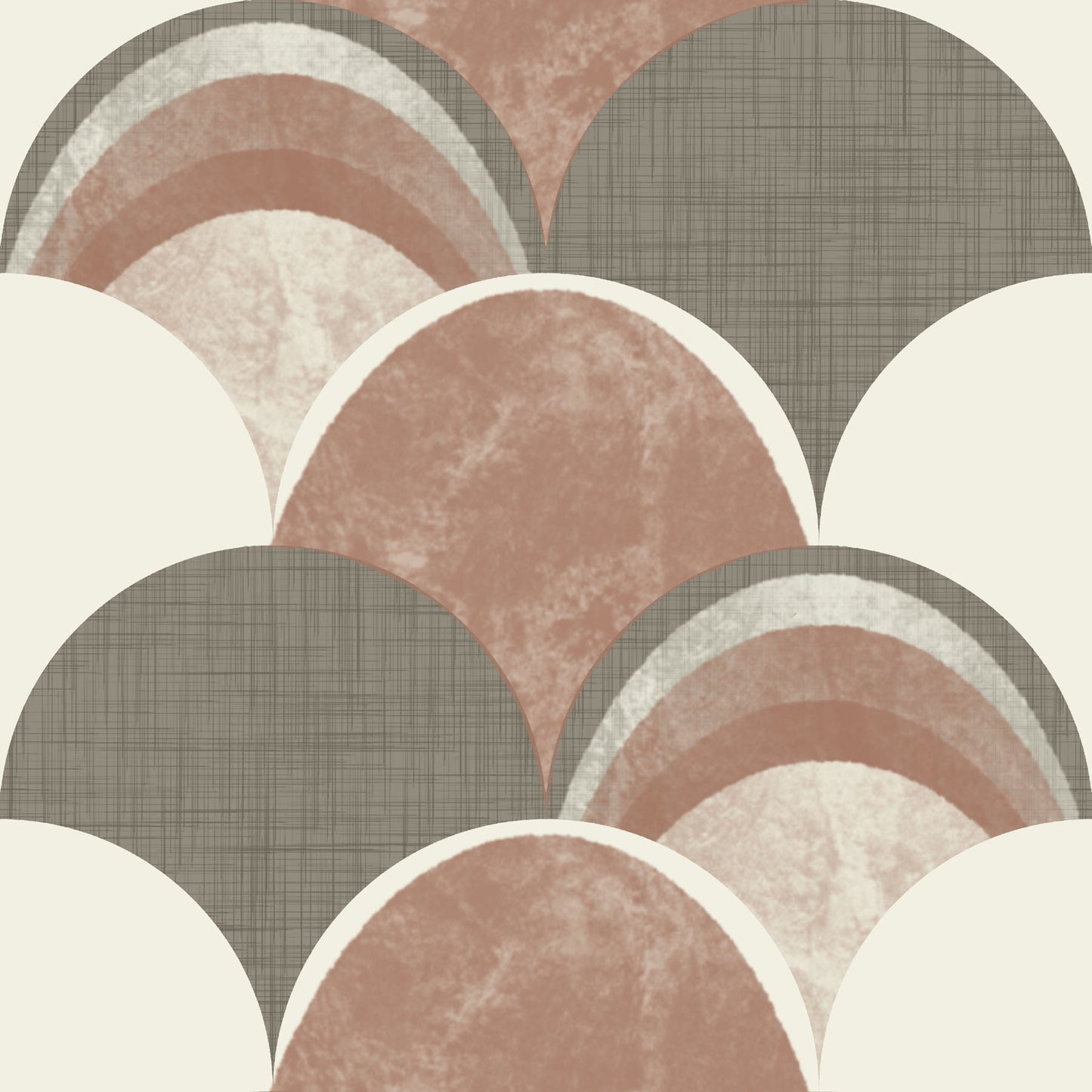 Wallpaper pattern of textured, scalloped shapes in brown, taupe, muted forest green and white on a beige background.