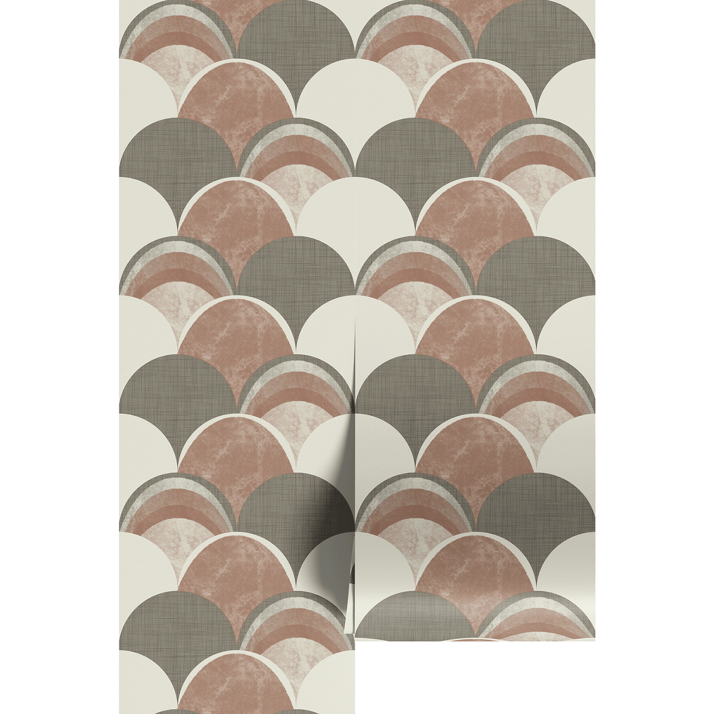 A textured geometric scalloped pattern in muted forest green, beige, and off white on wallpaper panels.