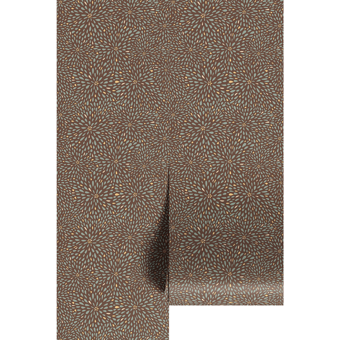Brown patterned with teal flower petal bursts on wallpaper panels.