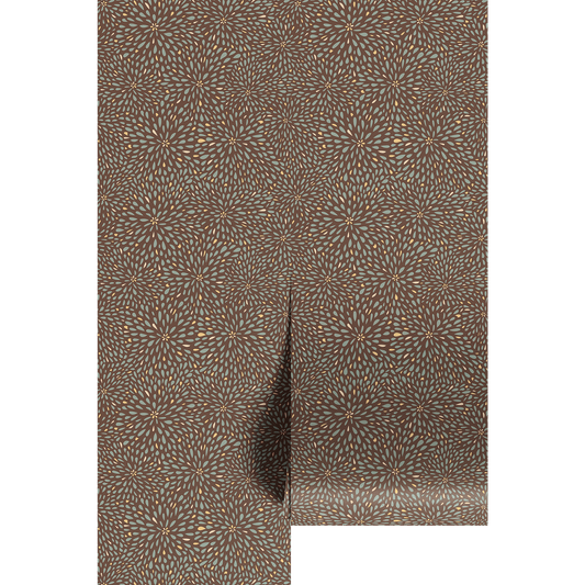 Brown patterned with teal flower petal bursts on wallpaper panels.
