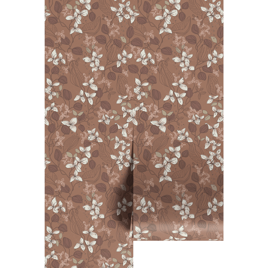 Brown and white floral wallpaper.
