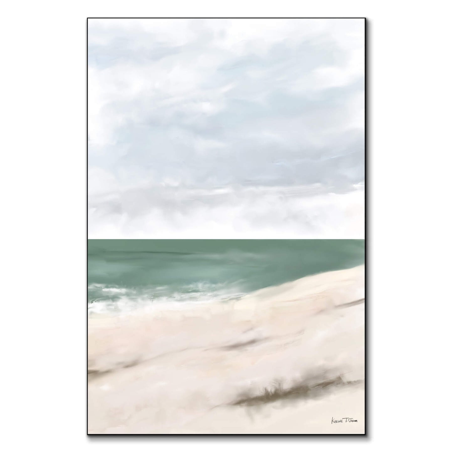 Abstract coastal scene with soft blues, greens, and beige tones, depicting a peaceful ocean meeting a sandy shore under a calm sky.