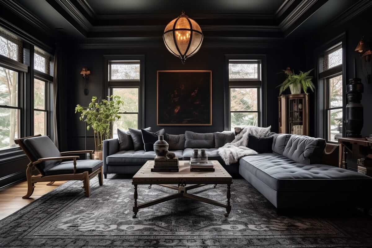 A deep navy blue bedroom featuring matching walls, ceiling, bedding, and décor, creating a moody and immersive atmosphere.