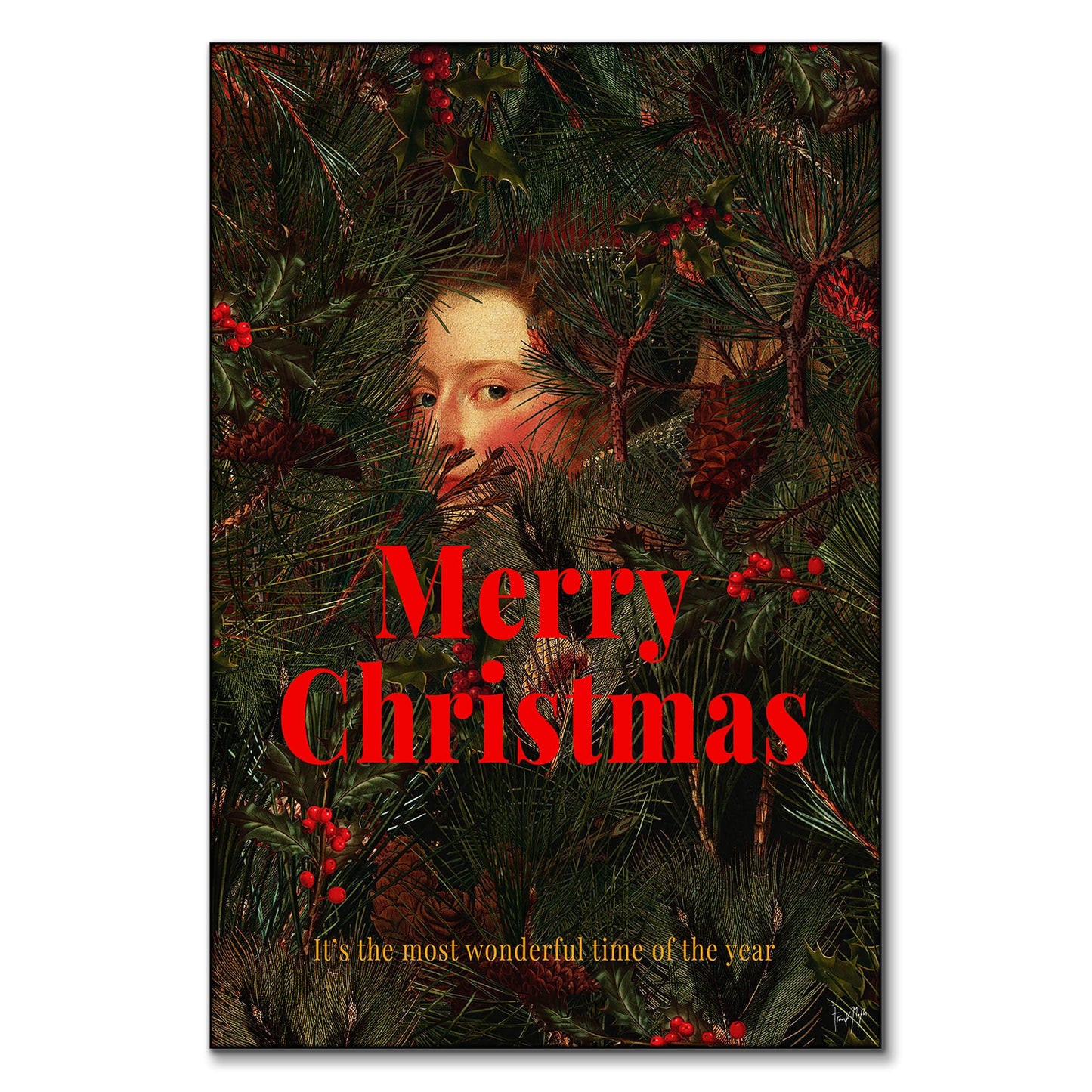 Vintage face subtly appearing through a Christmas tree with festive text and greenery.