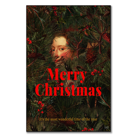 Vintage face subtly appearing through a Christmas tree with festive text and greenery.