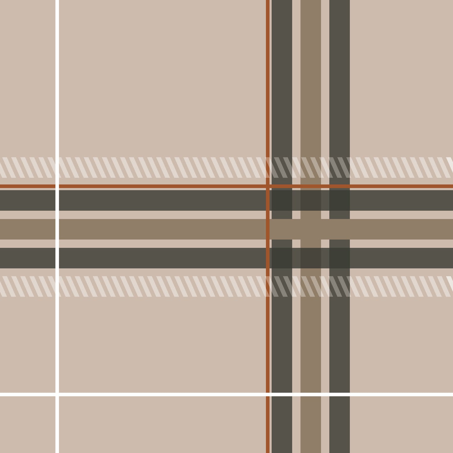 Plaid wallpaper pattern with brown, green, and beige colors on a beige background.