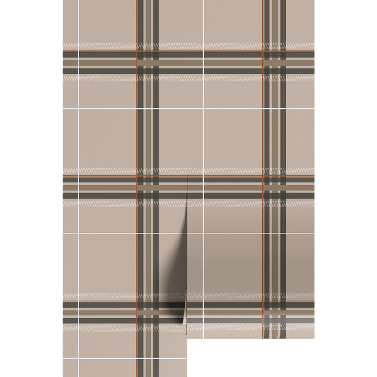 Classic plaid patterned fabric with beige and brown colors on a white background