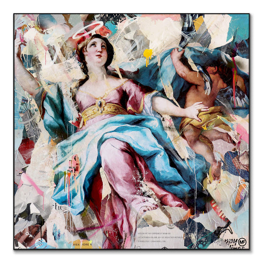 An angelic figure from a classical painting, reimagined with bright colors and abstract textures.