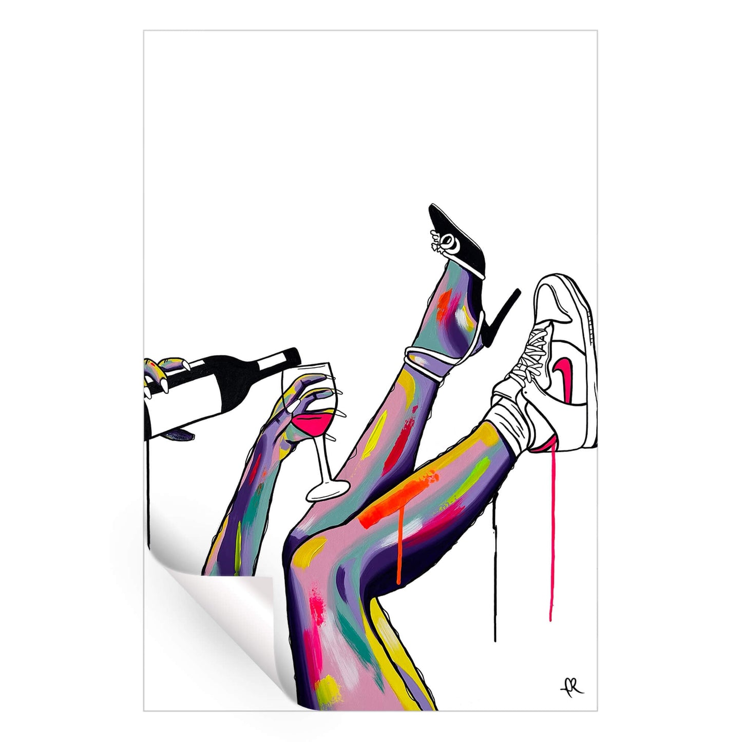 Pop art illustration blending luxury and street style with a figure holding wine and wearing Nike Jordans, surrounded by bold colors and abstract brushstrokes.