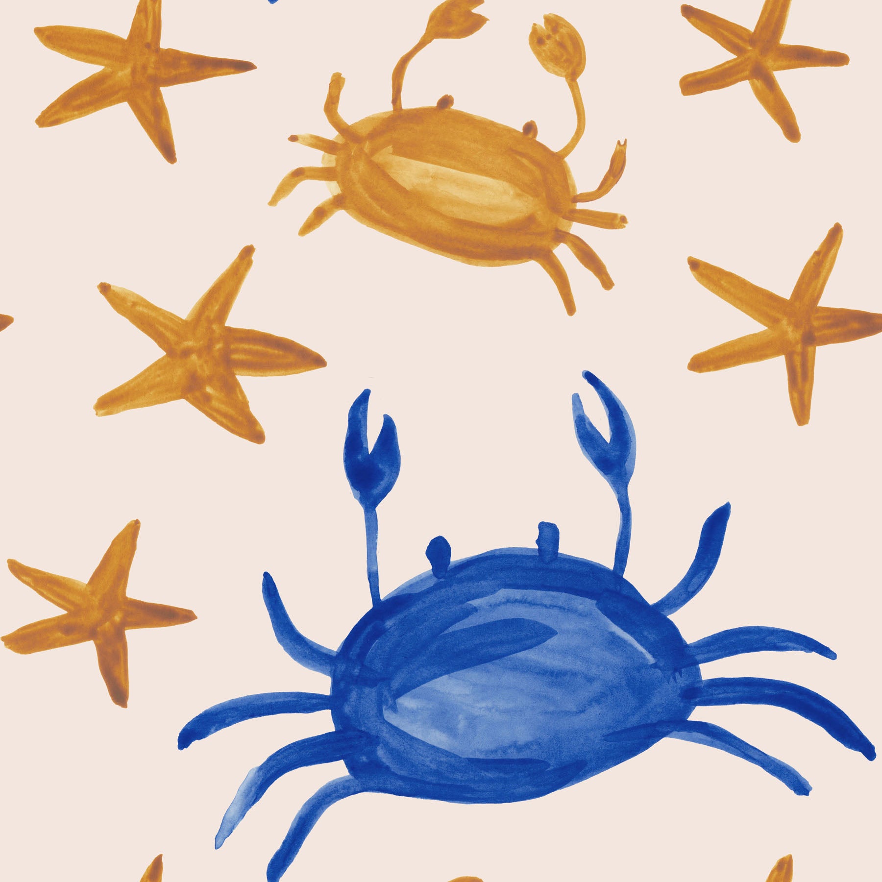Pattern of hand painted blue and gold crab and starfish on a beige background.