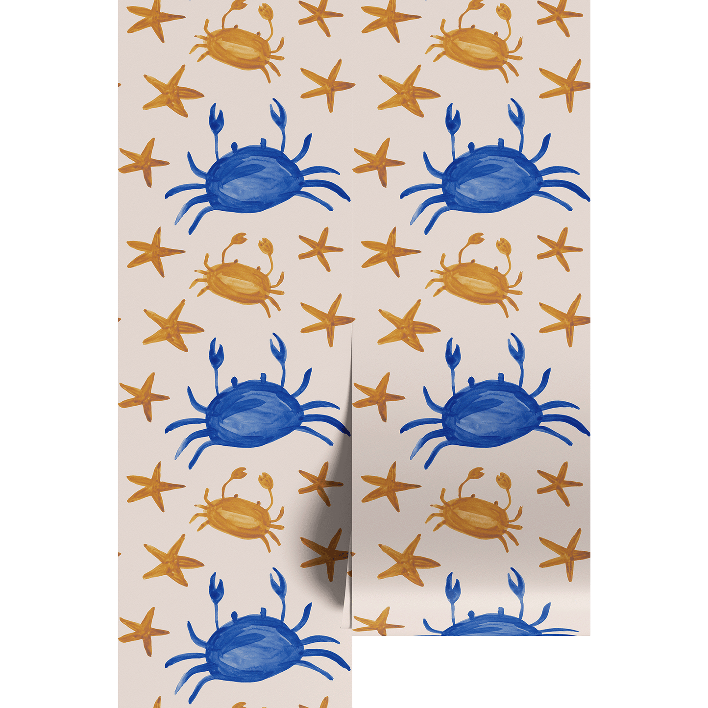 Blue and gold watercolor hand painted crabs and starts on wallpaper panels.
