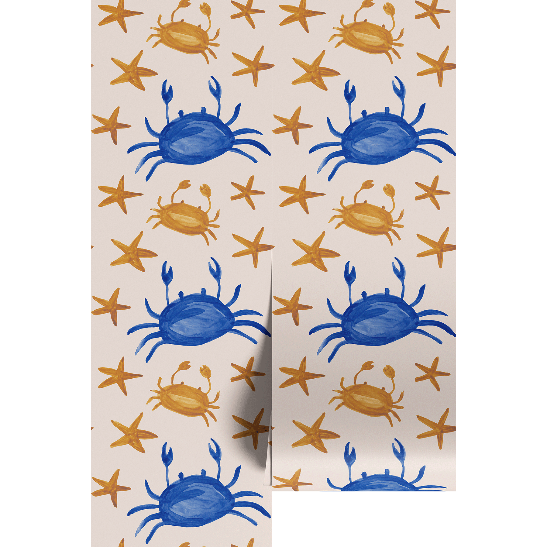 Blue and gold watercolor hand painted crabs and starts on wallpaper panels.