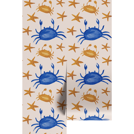 Blue and gold watercolor hand painted crabs and starts on wallpaper panels.