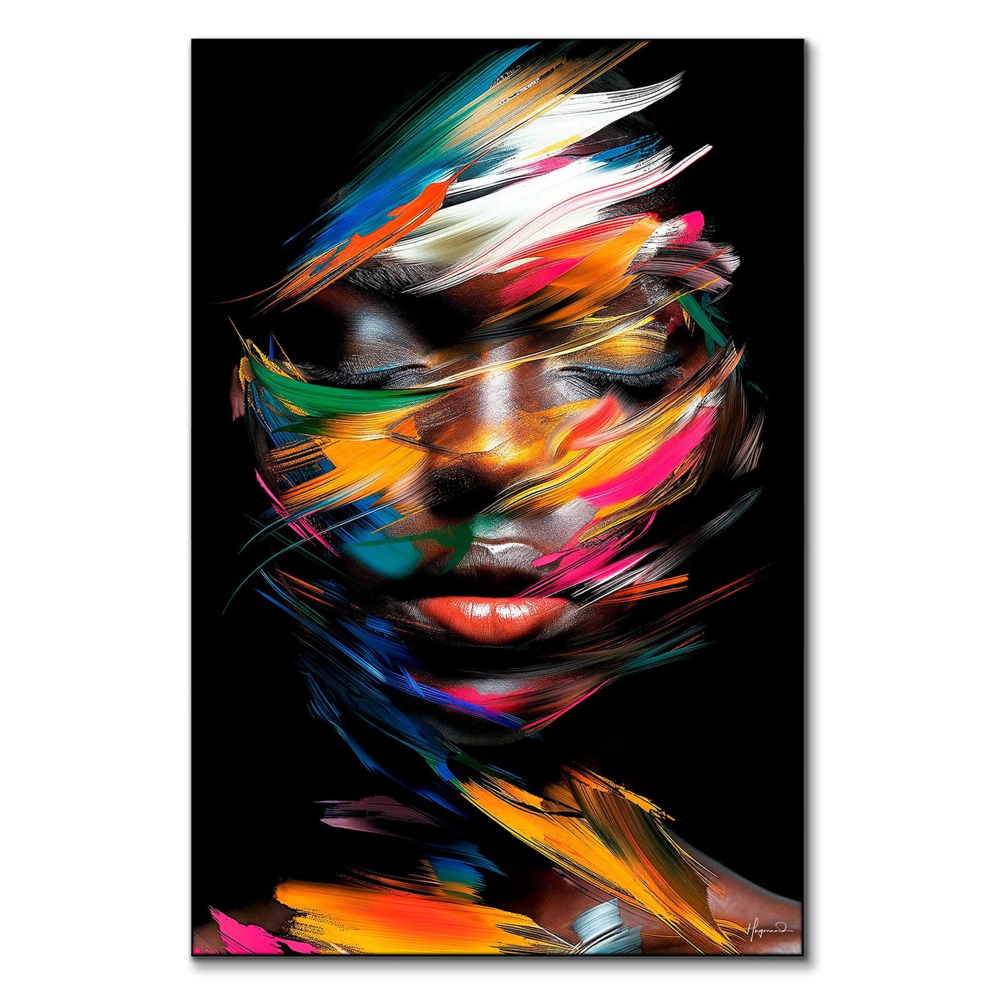 Expressive portrait with bold strokes of red, yellow, and green painting an abstract face.