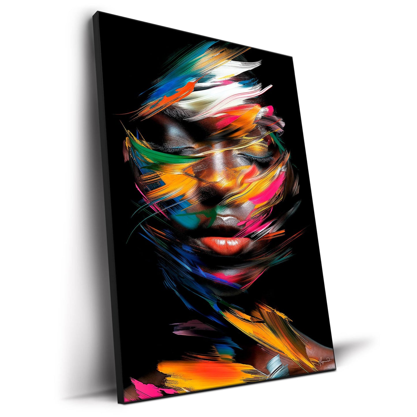 Expressive portrait with bold strokes of red, yellow, and green painting an abstract face.