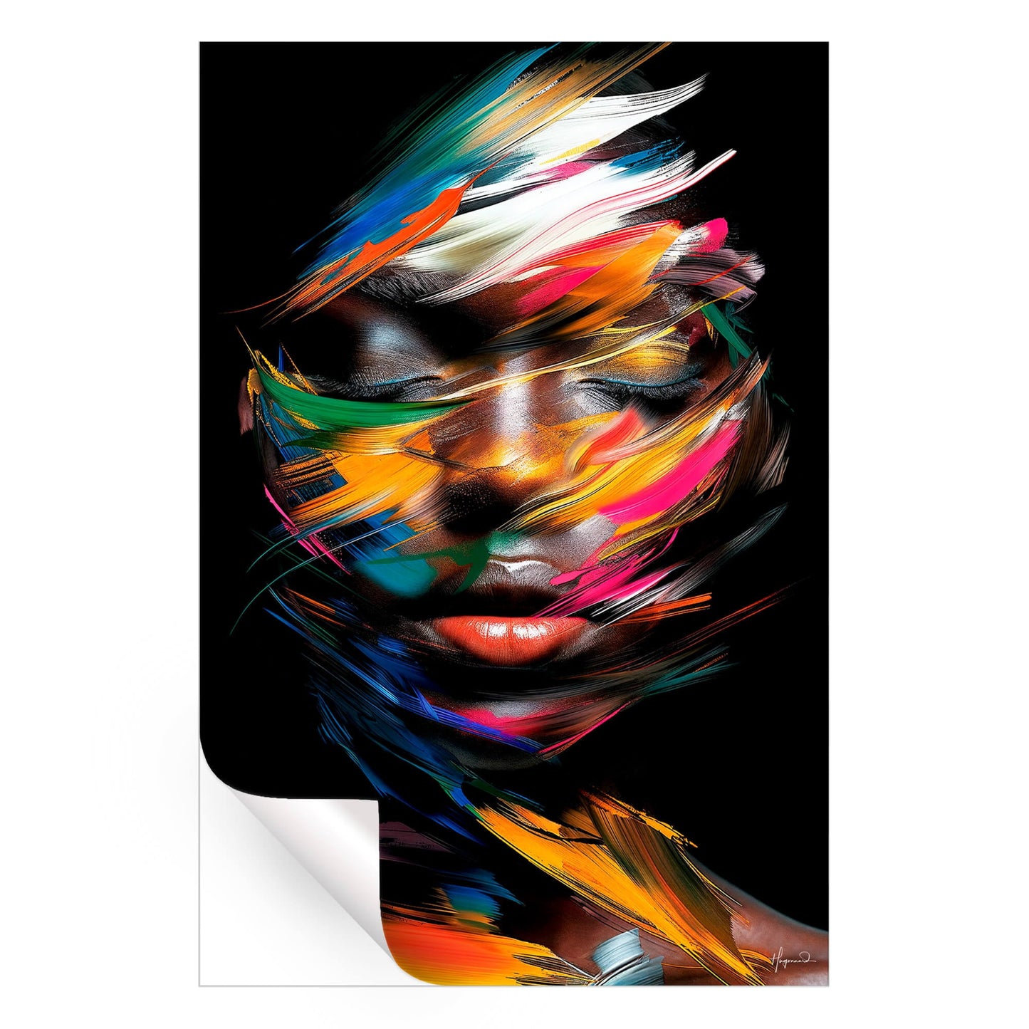 Expressive portrait with bold strokes of red, yellow, and green painting an abstract face.