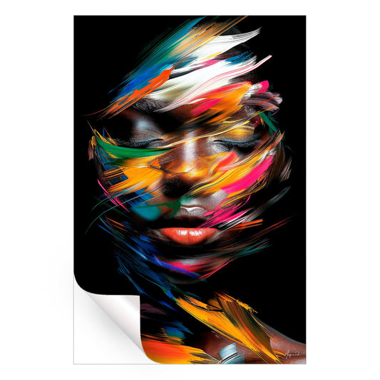 Expressive portrait with bold strokes of red, yellow, and green painting an abstract face.